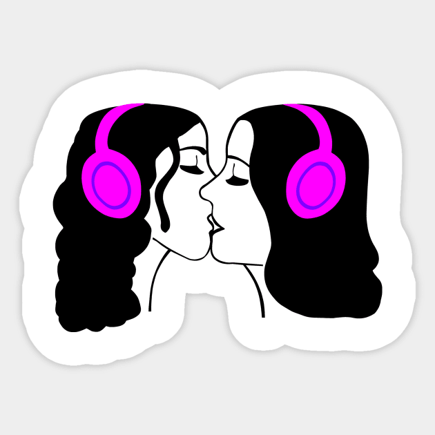 Women Kissing Wearing Headphones Sticker by sweetsixty